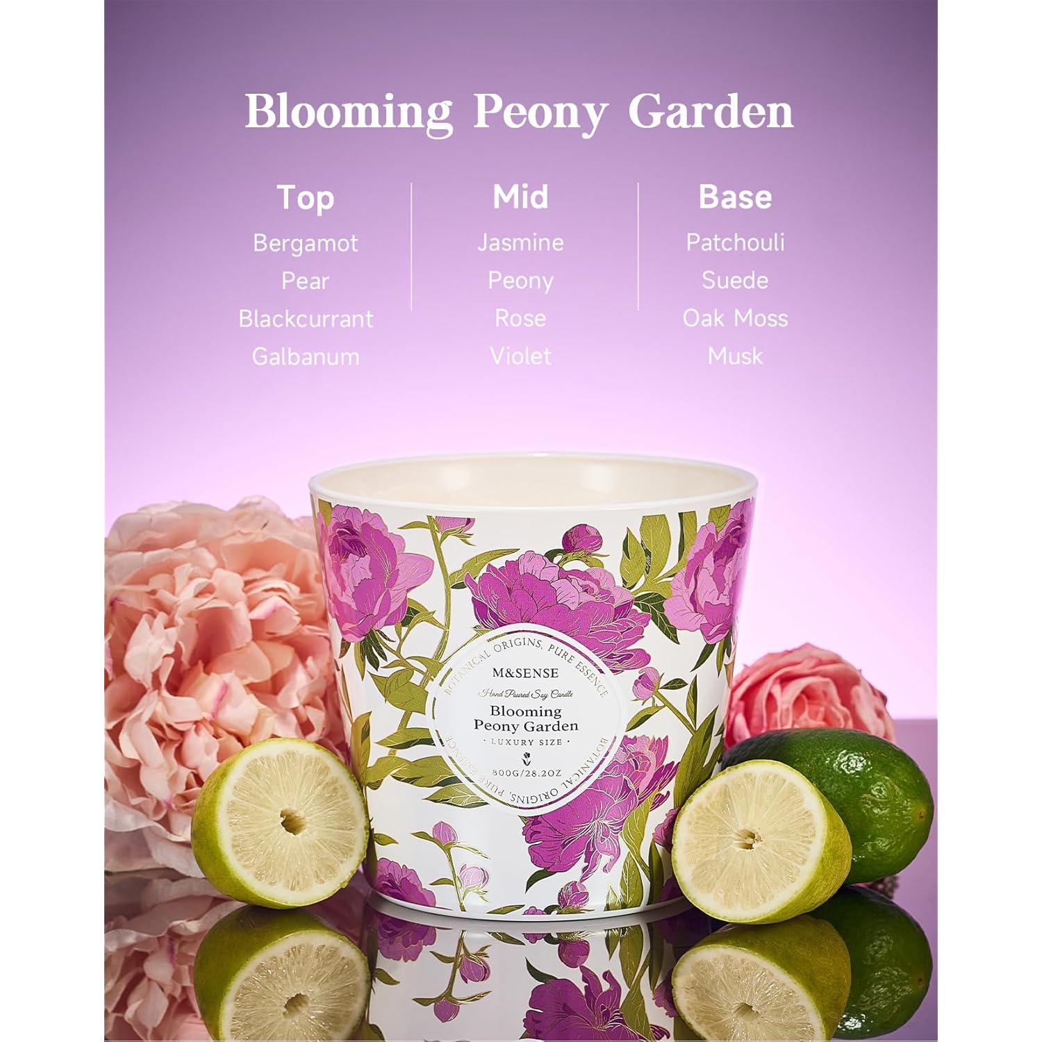 Blooming Peony Scented Candle, 28.2Oz 3 Wick Natural Soy Wax Large Candles, Long Lasting Clean Slow Burning No Toxic Décor For Home Relaxation, Romantic Dates & Gift-Giving