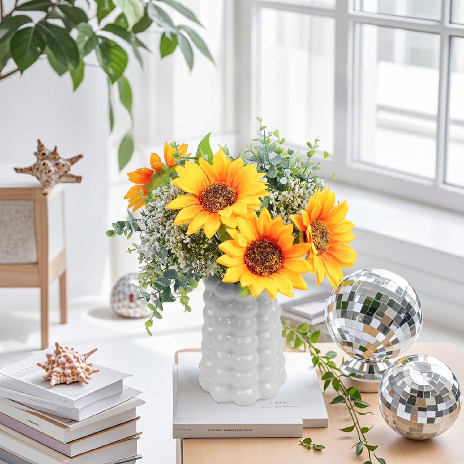 2Pcs Artificial Sunflower Bouquet, Silk Sunflower Baby Breath Flower Arrangement Fall Wedding Bouquet For Weeding Party Home Kitchen Decor Table Centerpiece