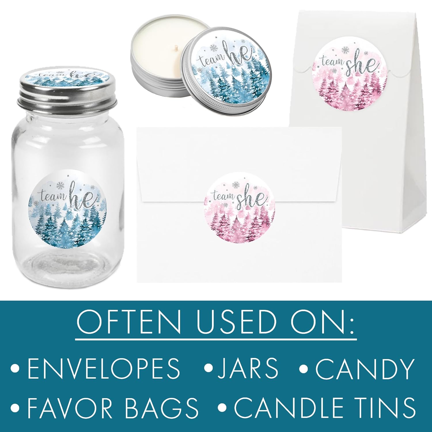 Baby It'S Cold Outside Gender Reveal, Winter Evergreen Trees Team He Or Team She Stickers - Pink Blue Snow Themed Party Decorations - 40 Count