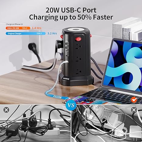 Tower Power Strip 16FT Extension Cord PD20W USB C 4 USB Ports Night Light Charging Station Black