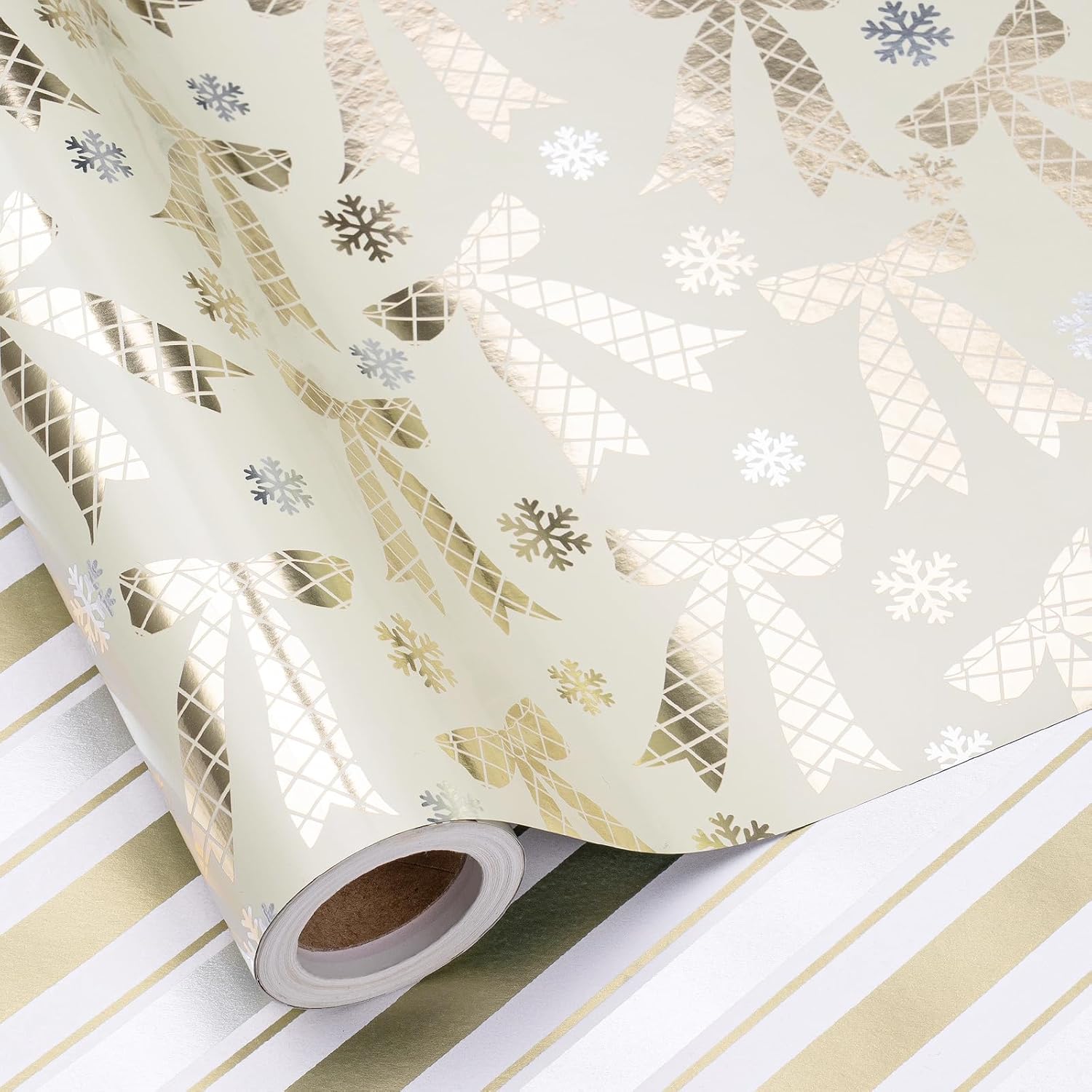 Christmas Reversible Wrapping Paper Roll For Girls, Mini Roll, Gold Foil Bow And Snowflake Design, Gold And White Stripes Gift Wrap Paper Ideal For Holiday Gifts, 17 Inches X 32.8 Feet