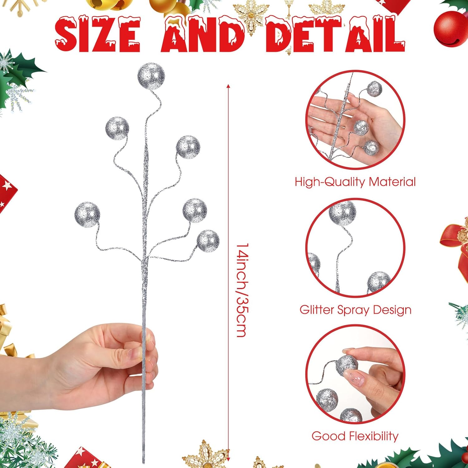 30 Pcs 14 Inch Silver Christmas Tree Picks And Spray Glitter Ball Curly Picks Large Artificial Berry Stems And Sticks For Christmas Tree Decor Holiday Vase Fillers Topper Ornaments