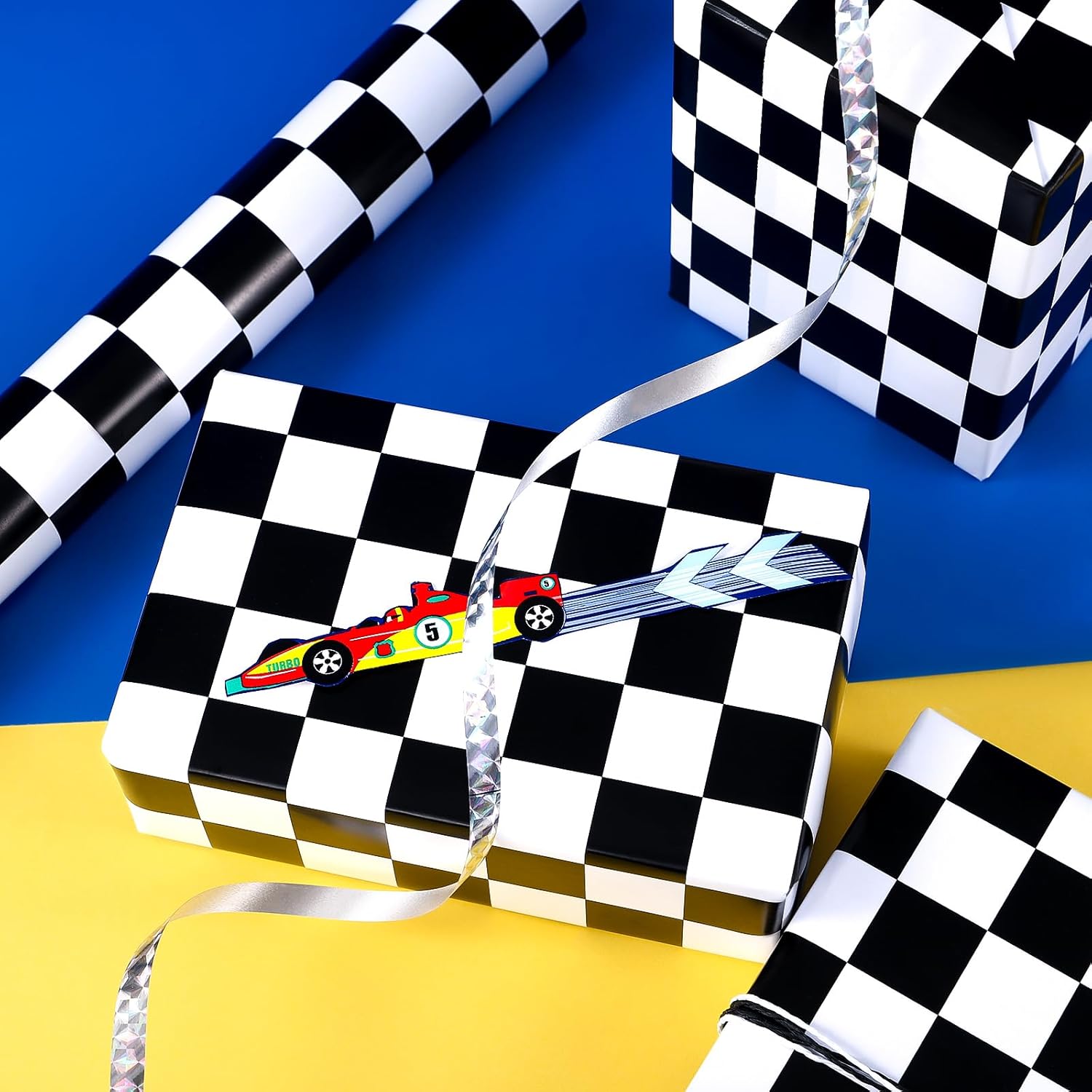 Checkered Flag Wrapping Paper Roll - 17 Inch X 16.5 Feet - Race Car Wrapping Paper For Kids Birthday, Girls Boys Birthday, Baby Shower