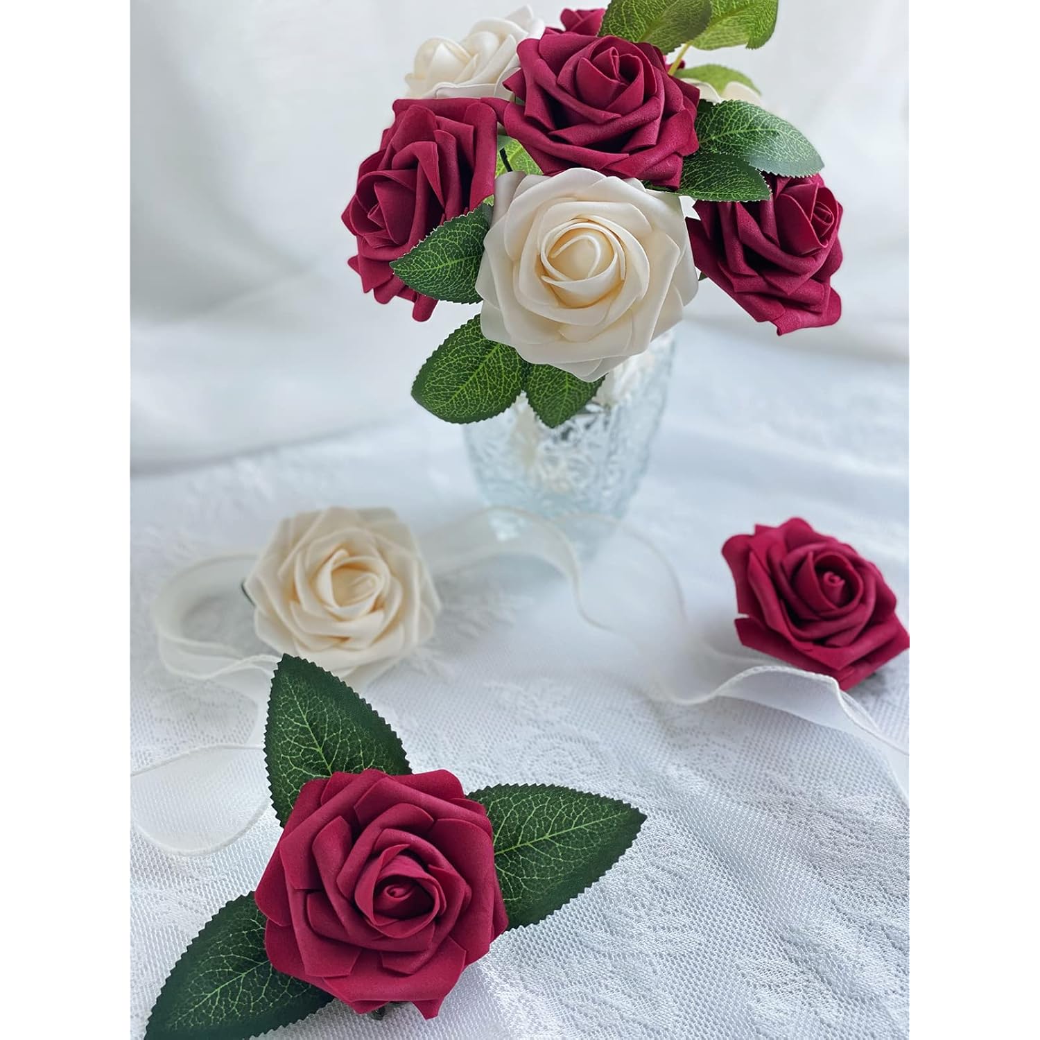 Artificial Flowers 25 Pcs Fake Burgundy Champagne Roses For Diy Wedding Bouquets Bride Cake Flower Decor Table Centerpieces Floral Arrangements Party Home Table Decorations