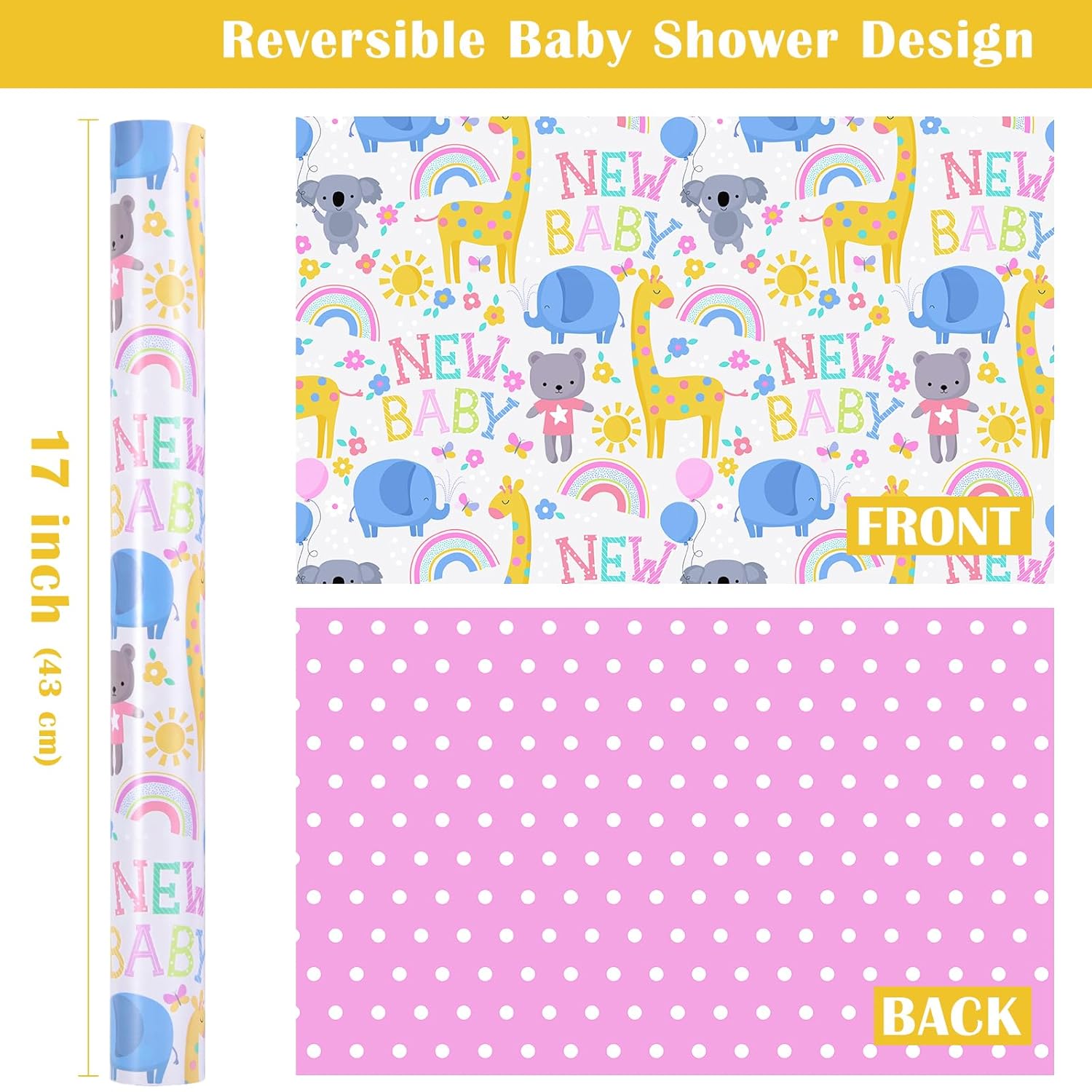 Reversible Baby Shower Wrapping Paper Roll - Mini Roll - 17 Inch X 10 Feet - Cute Animals & New Baby Lettering Design Perfect For Baby Shower, Birthday, Party