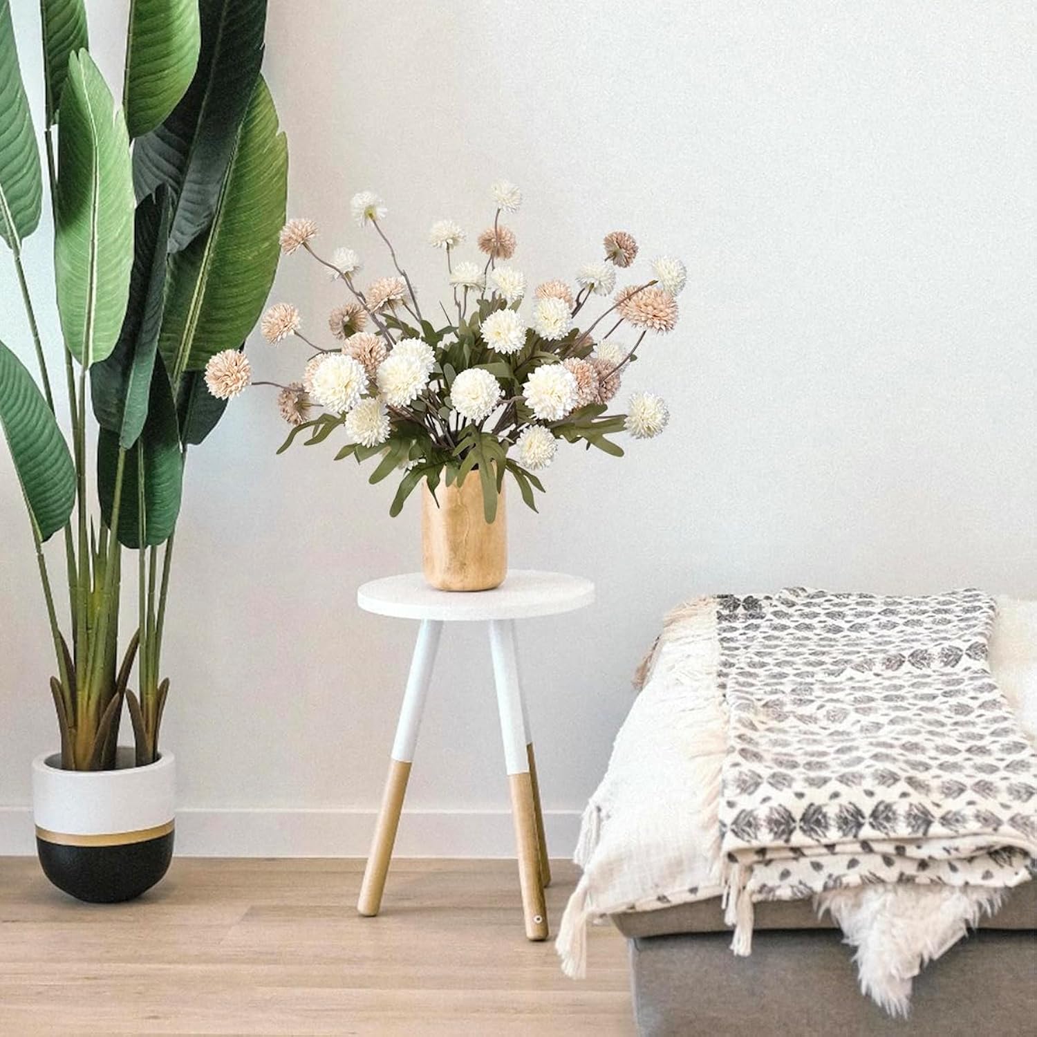 8 Pcs Long Stem Artificial Flowers Decoration, Beige Tan Fake Pom Pom Kiku Flower, Mini Faux Chrysanthemums For Floral Arrangemengts, Small Silk Florals Decor, Tall Vase Flower Filler