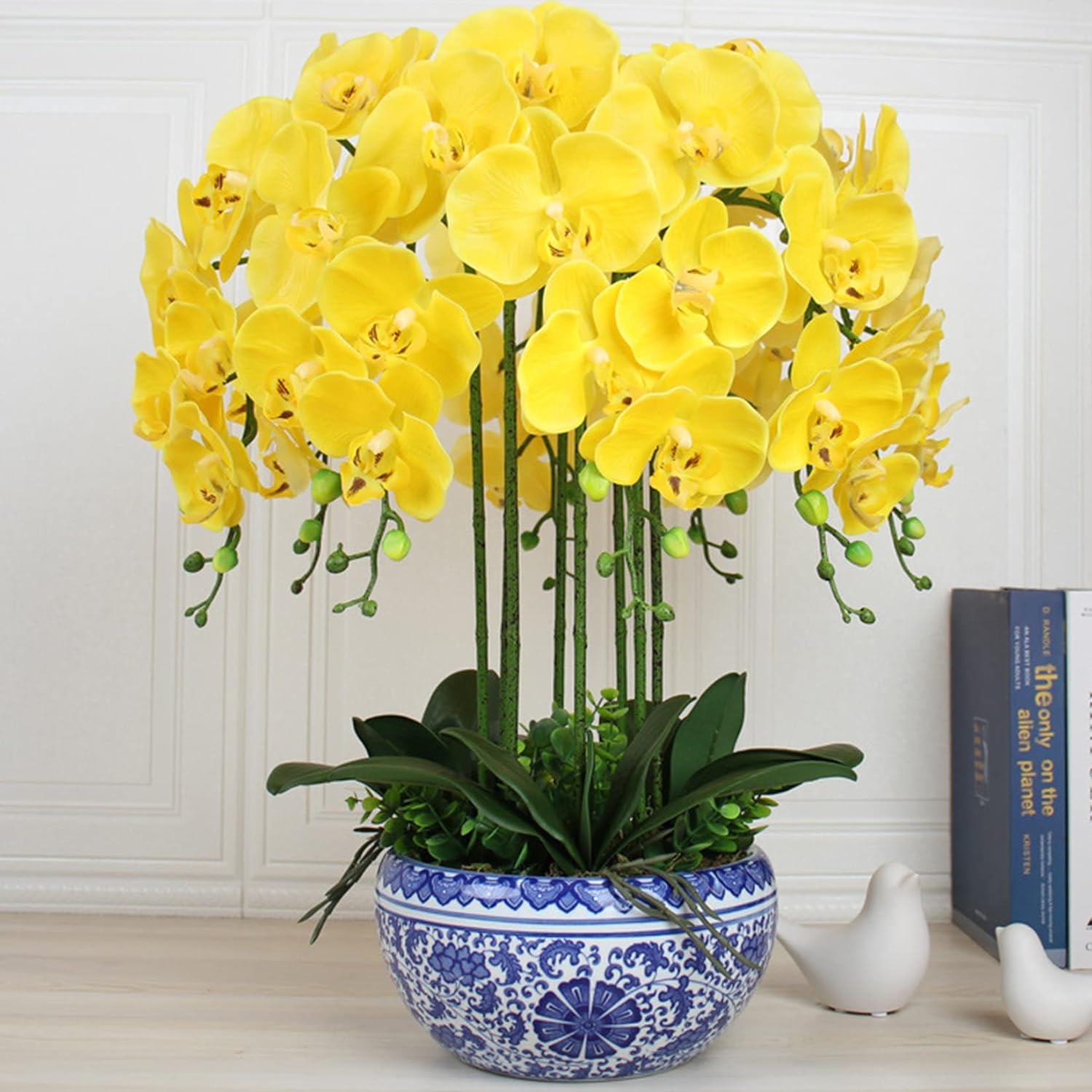 6 Pcs Artificial Phalaenopsis Flowers 32 Inch Artificial Orchid Flowers Stem Plants Fake Flowers For Home Décor (Yellow)