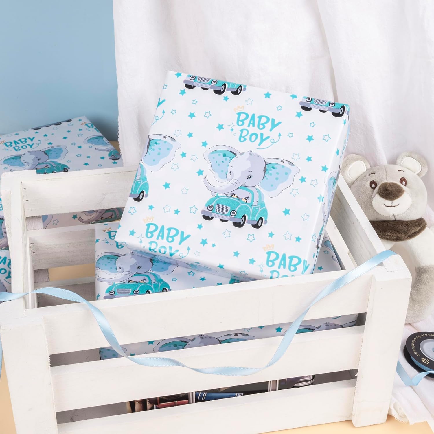 Reversible Baby Boy Wrapping Paper For Kids Boys - 17 Inch X 16.5 Feet - Blue Elephant Truck & Polka Dot - Cute Animals Patterns For Birthday Baby Shower New Baby Party Decoration