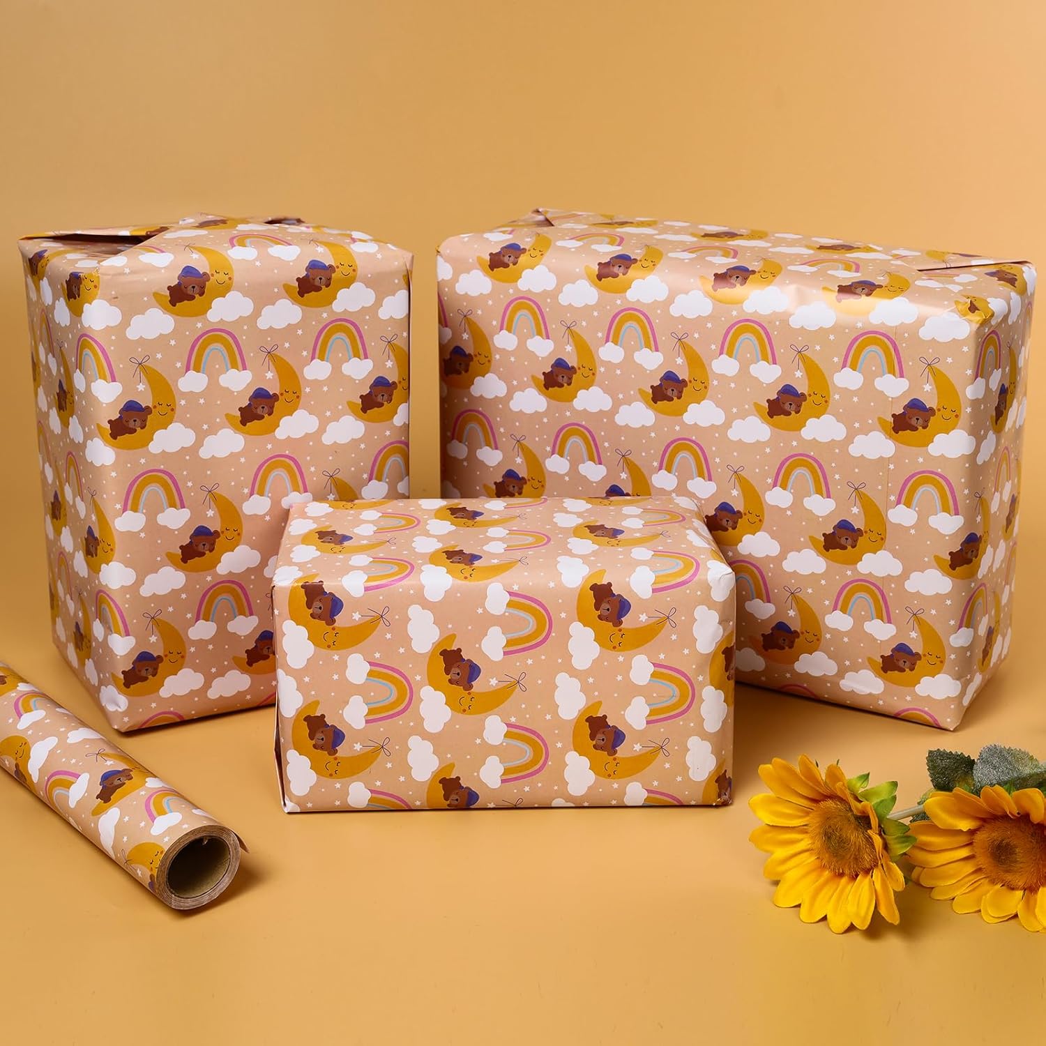 Bear Wrapping Paper 17 Inch X 60 Ft Per Roll For Girls And Boys, Good Night Cute Little Brown Bear Happy Birthday Gift Wrap Paper Roll, Suitable For Birthdays, Parties, Baby Showers