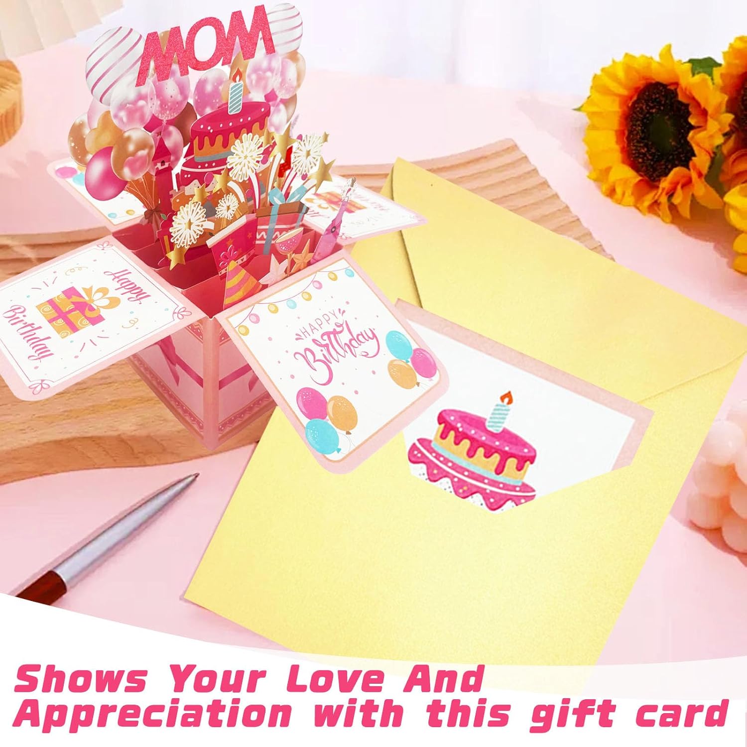 Happy Birthday Mom Card From Daughter Son Kids Funny 3D Pop Up Birthday Gift Card Box For Mom Foldable Celebration Greeting Cards With Envelope For Women Stepmom Godmother
