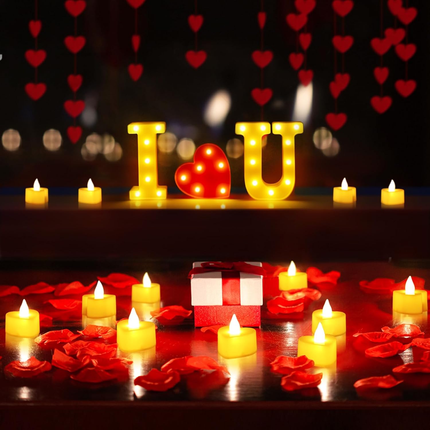 Happy Anniversary Valentines Day Decorations, Romantic Special Night Decor, Rose Petals & Candles Set, I Love You Signs & Balloons, Felt Heart Strings & Foil Balloons