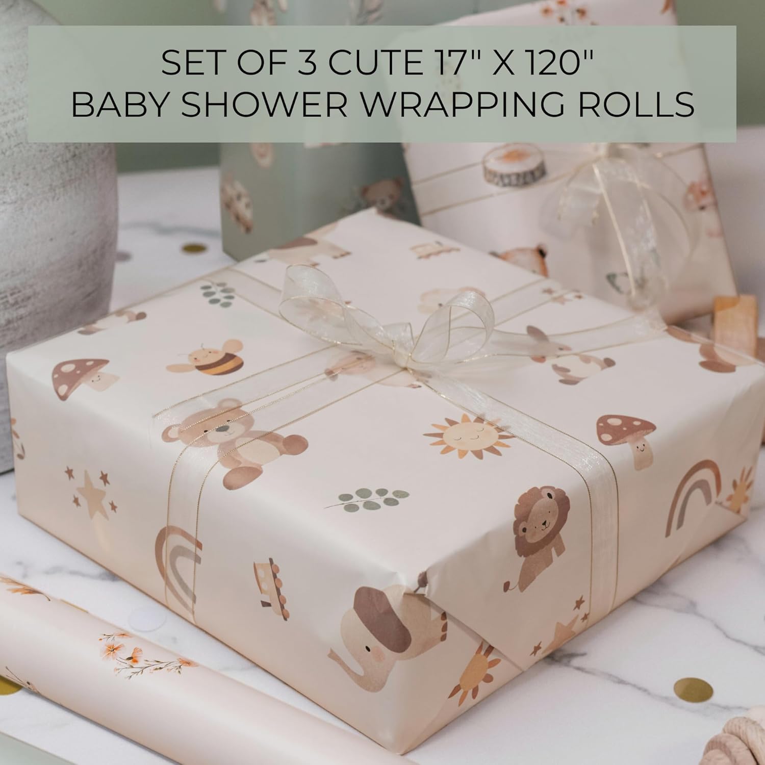 Beautiful Gift Wrapping Paper Rolls For Baby Shower - Cute Set Of 3 Quality Rolls For Birthdays & Baby Showers - Add A Touch Of Magic To Every Gift You Wrap - 17 X 120 In