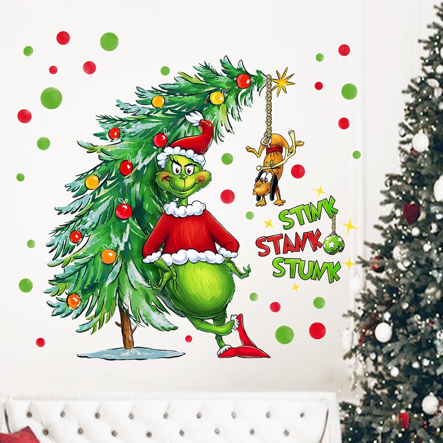 Merry Christmas Wall Decals Stickers, Xmas Tree Max Dog 2026 New Year Bedroom Decor Home Kitchen Decorations, Winter Holiday Red Green Polka Dots Farmhouse Living Room Art Kids Boys Girls Gift