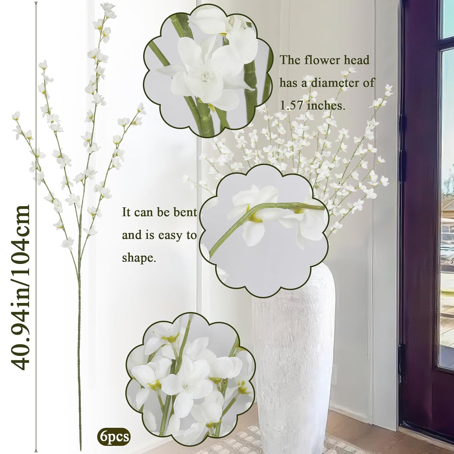 6 Pcs Artificial Forsythia Branches Fake Wildflowers White 41" Silk Flowers With Long Stems Faux Spring Flowers For Tall Vase Indoor Home Decor Dining Table Centerpieces Party Wedding Outdoor