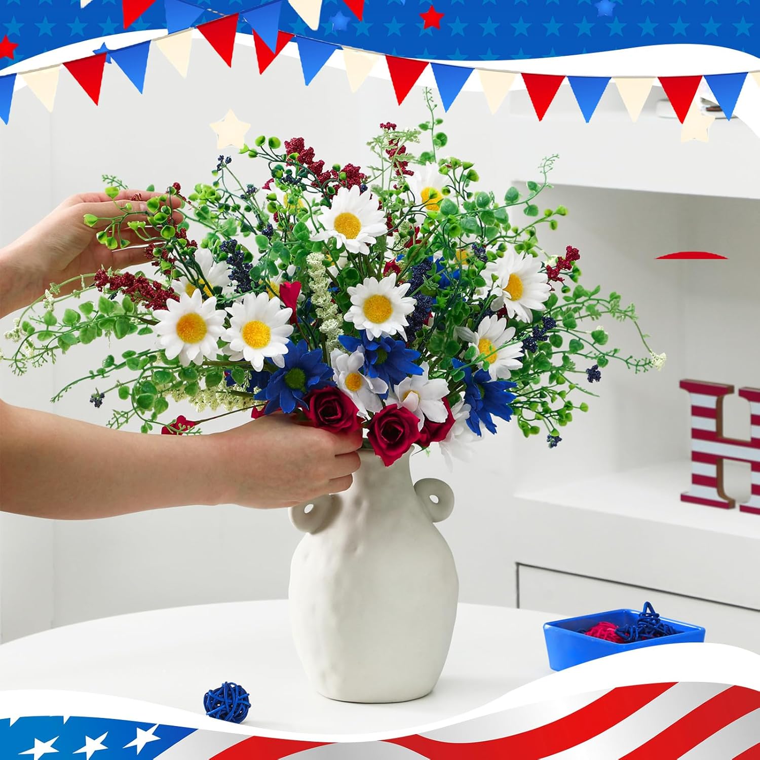 8 Pcs 4Th Of July Artificial Flowers Red White And Blue Patriotic Flowers Picks Daisy Decoration Independence Day Fake Silk Wildflowers Bouquet For Table Home Vase Decor Memorial Day Party