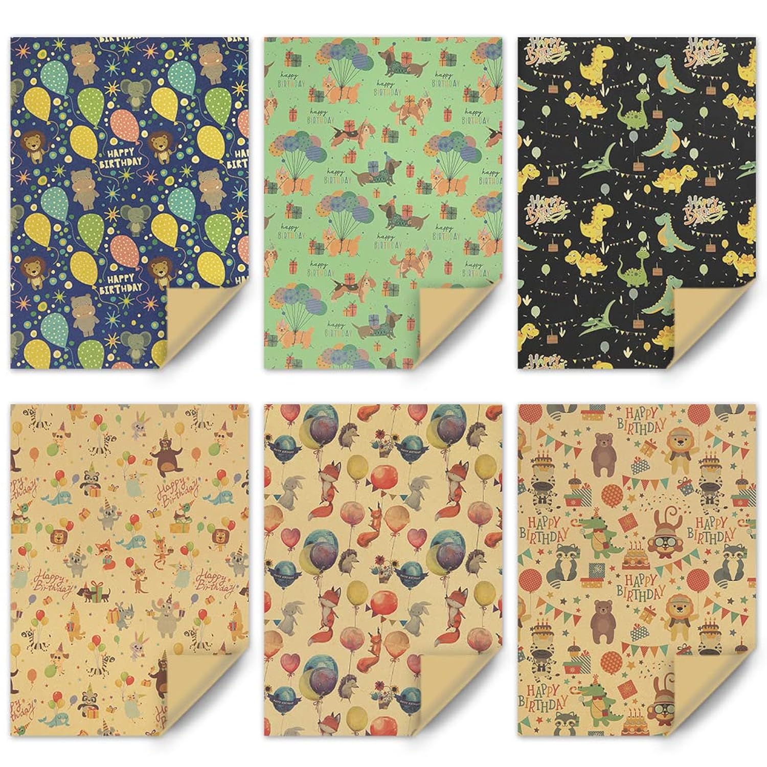 Birthday Wrapping Paper For Boys Kids Girls, Happy Animals Party Dinosaur Design Kraft Gift Wrap Paper, Happy Birthday Wrapping Paper 6 Sheets Folded Flat 20X28 Inches Per Sheet