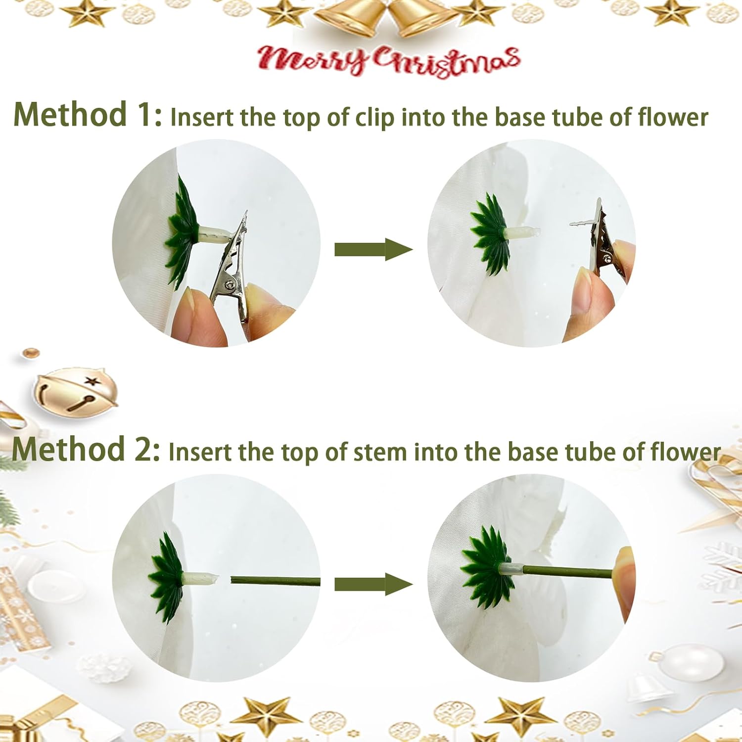 Christmas Flowers, 20Pcs Christmas Tree Flowers White Glitter Poinsettia Flowers Christmas Decorations Flower With Clips Stems For Xmas Ornaments Wreath Holiday Home Decor