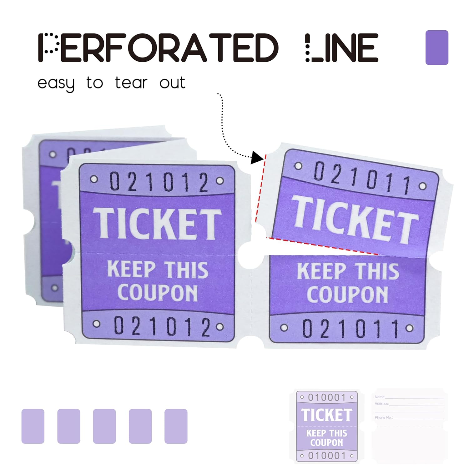 250 Raffle Tickets, 50/50 Raffle Tickets, Double Tickets For Festivals, Carnivals, School Events, Baby Showers, Summer Parties (Purple)