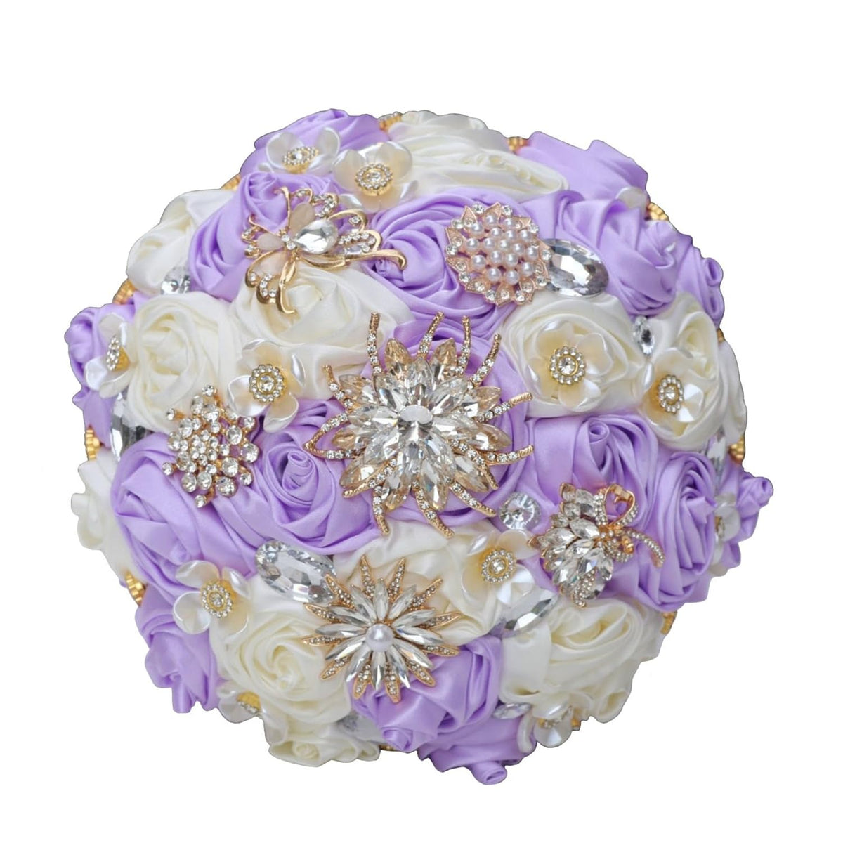 Lilac Ivory Wedding Bridal Bouquet With Rhinestone Brooch Bouquet For Bride Bridesmaid Quinceanera Satin Rose Flower Bouquet Wedding Light Purple Lilac And Ivory 7.5In