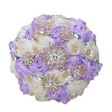 Lilac Ivory Wedding Bridal Bouquet With Rhinestone Brooch Bouquet For Bride Bridesmaid Quinceanera Satin Rose Flower Bouquet Wedding Light Purple Lilac And Ivory 7.5In