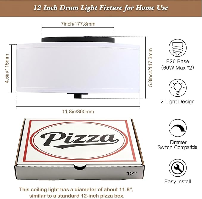 12 Inch Modern Flush Mount Ceiling Light White Fabric Drum Shade 2 Light Fixture