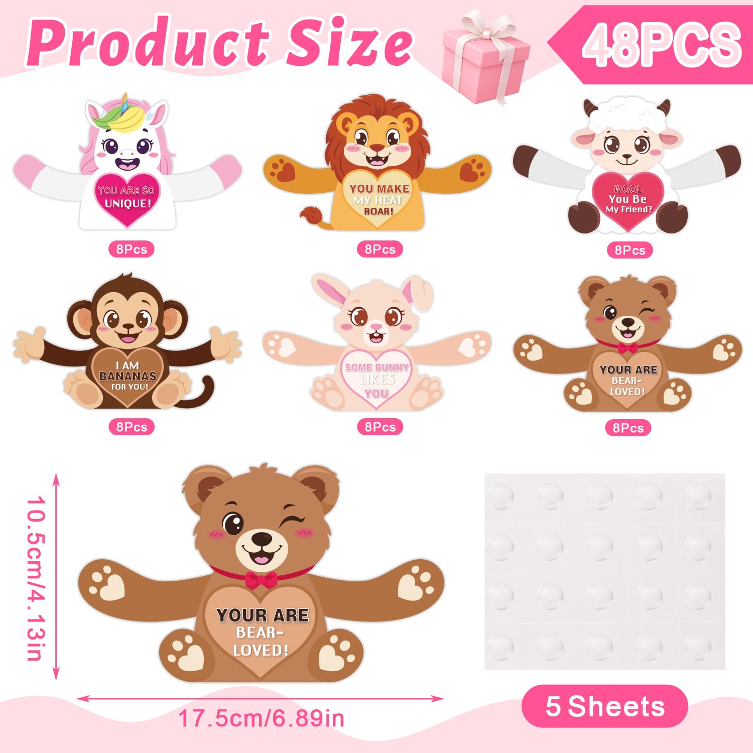 48Pcs Animal Valentines Day Candy Holder Gift Cards, Cute Valentine Craft Greeting Cards Bulk For School Gifts Exchange Classroom Prize Party Favors