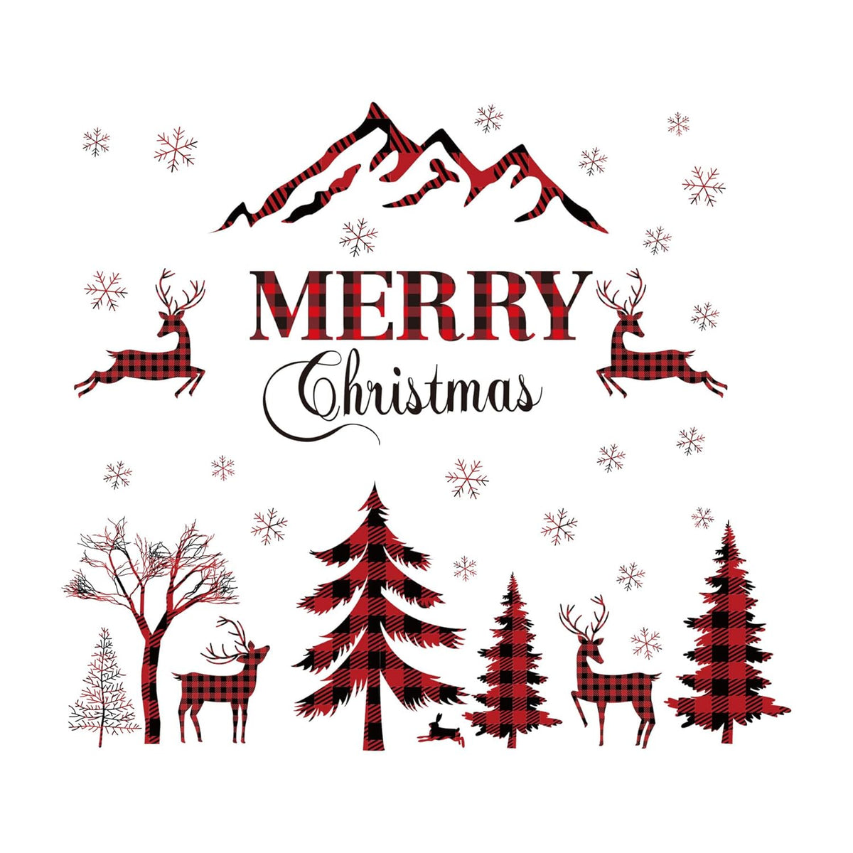 Merry Christmas Wall Decal - Red & Black Buffalo Plaid Tree, Deer Window Clings, Snow Removable Home Decor Mural, Peel And Stick For Christmas Party Supplies