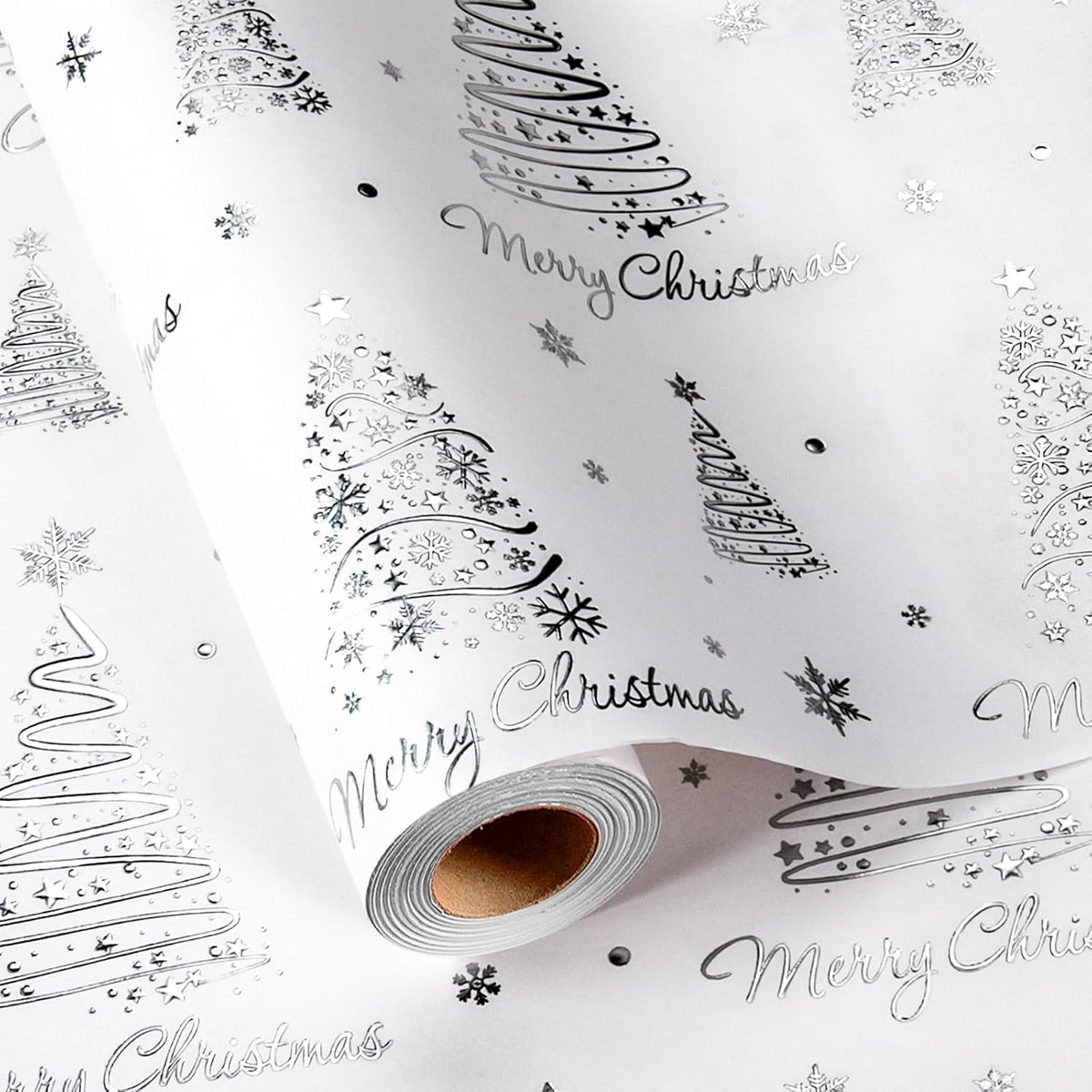 White Christmas Wrapping Paper Roll - 3D Embossed Trees And Letters With Silver Foil Metallic Shine Gift Wrap For Christmas, New Year Celebration, Holiday - Mini Roll - 17 Inch X 33 Feet
