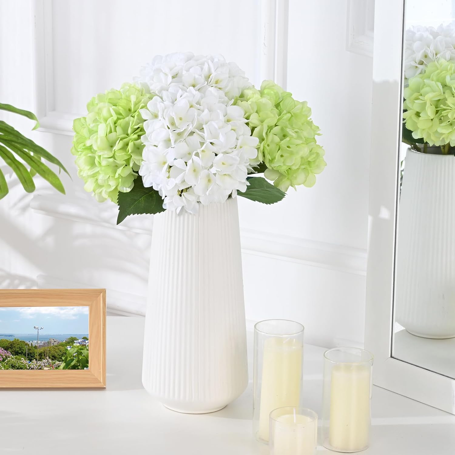 8 Pcs Hydrangea Artificial Flowers With Realistic Stems, 18In Large Fake Flowers, Faux Flower For Home Party Decor Outdoor Wedding Bouquets Table Centerpieces Decoration,White Green