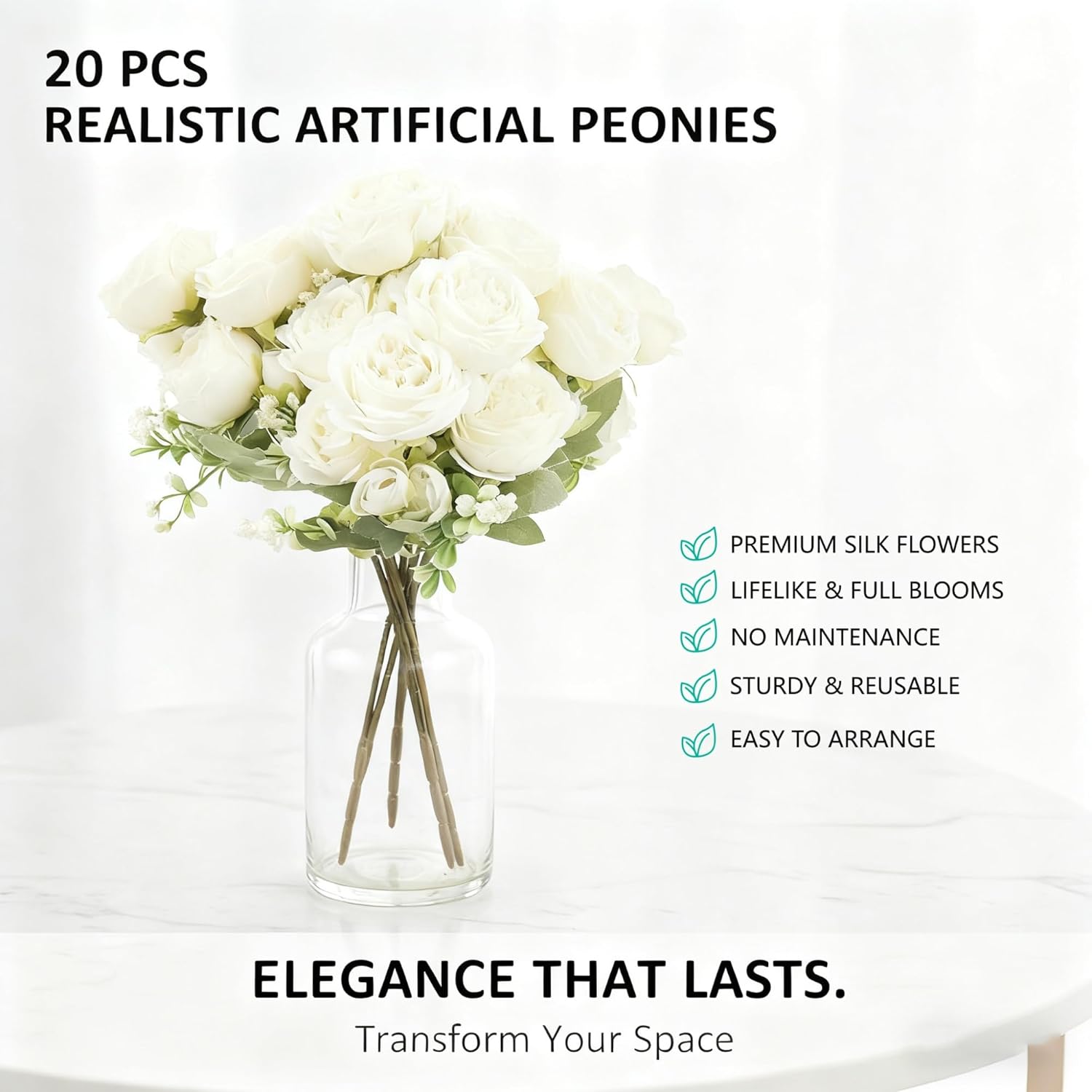20 Pack White Faux Flowers Peonies, Fake Peonies Silk Flowers With Stems For Wedding Centerpieces Bridal Shower Home Table Decorations