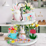 Spring Decorations - 6Pcs Bunny Gnome Tiered Tray & Wood Signs, Plus Plush Bunny & Flower Bead Garland For Easter & Farmhouse Kitchen Decor