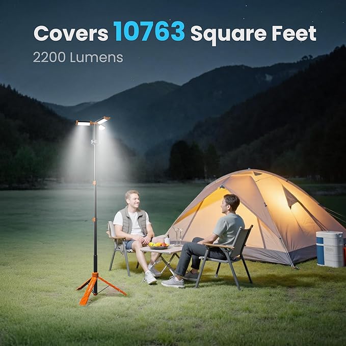 Rechargeable Camping Light with Tripod and Remote Portable LED Work Light with 3 Adjustable Lamp Heads