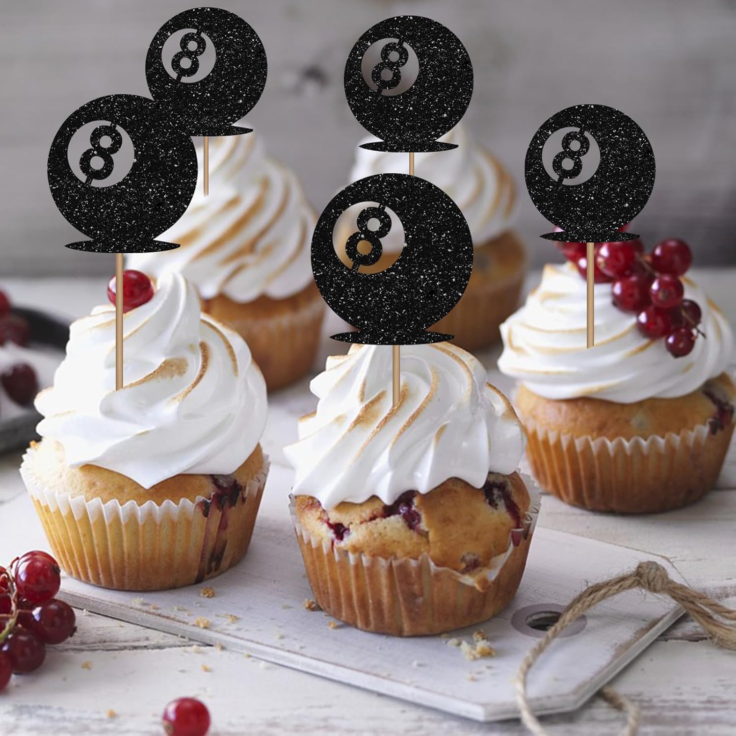 24Pcs Magic 8 Ball Cupcake Toppers, Billiard Ball Cupcake Toppers, Billiard 8 Cupcake Picks For Snooker Pool Balls Party, Pool Game/8Th Birthday Themed Party Decoration - Black Glitter