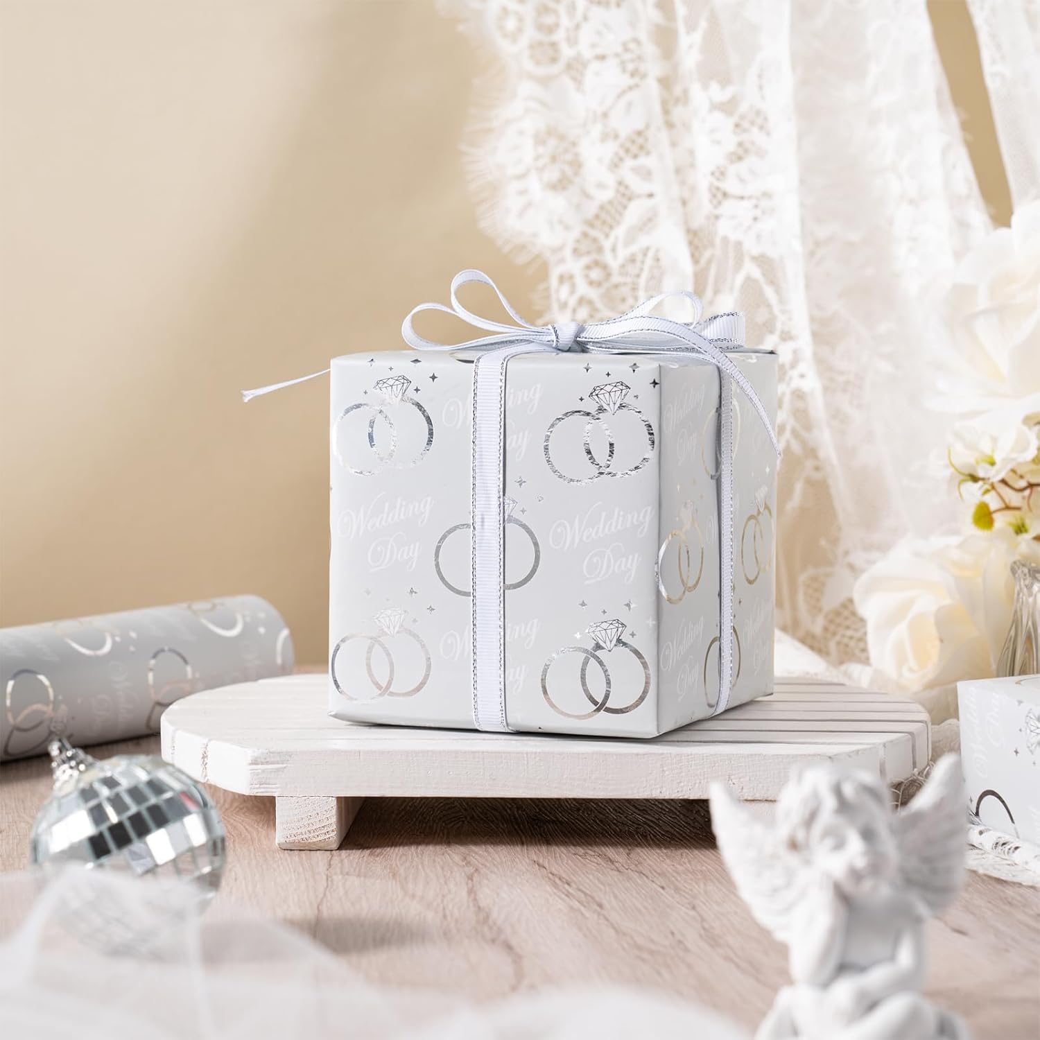 Wedding Wrapping Paper Roll - Mini Roll - 17 Inch X 9.8 Feet - Silver Foil Diamond Ring And Wedding Day Design Perfect For Marriage Ceremony, Nuptials, Celebration, Party