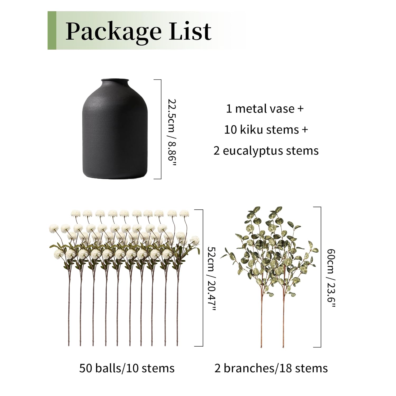 Fake Flowers In Vase For Centerpieces: Metal Vase With 12 Stems Of Artificial Mums Kiku Flowers Eucalyptuses Home Table Decor - White Faux Pom Poms Floral Arrangements For Living Room