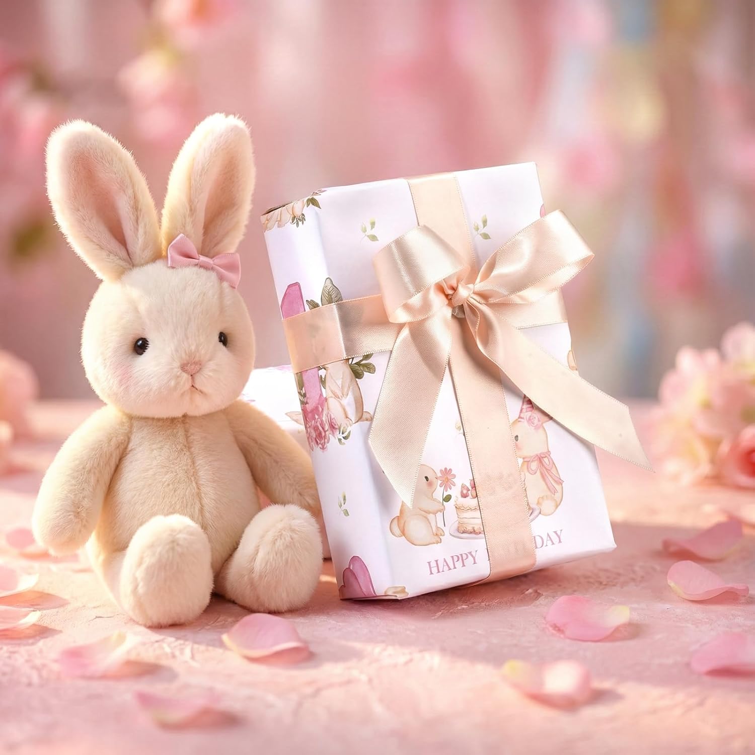 Girls 1St Birthday Wrapping Paper Roll, 17 In X 16.4 Ft, Mini Roll - Pink Bunny Floral Happy Birthday Gift Wrap Paper With Cakes, Perfect For Girls First Birthday'S Party Decor, Baby Shower