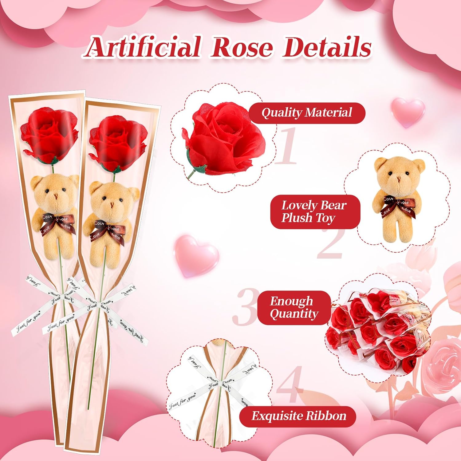 24 Pcs Valentine'S Day Bouquet Flowers With Bear Artificial Rose Bouquet Heart Single Bear Flower With Plush Bears For Exchange Valentine'S Gifts Woman(Brown)