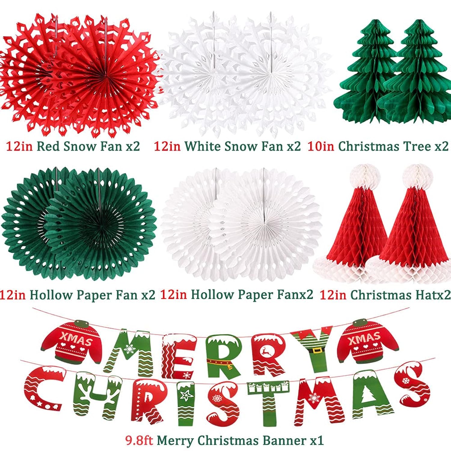Christmas Party Decorations, Merry Christmas Banner Honeycomb Santa Hats Trees Hanging Snowflakes Paper Fans For Xmas Party Eve Holiday Home Decor