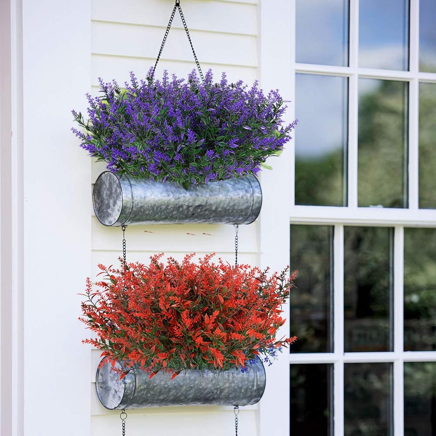 8 Bundles Outdoor Artificial Lavender Fake Flowers Uv Resistant Shrubs, Faux Plastic Greenery For Indoor Outside Hanging Plants Garden Porch Window Box Home Wedding Farmhouse Decor (Purple)