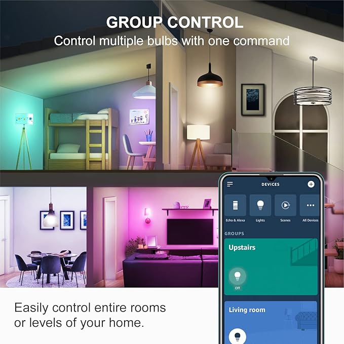Alexa Smart Light Bulbs 4 Pack A19 E26 RGB Color Changing Bluetooth Mesh 1500LM 100W Equivalent
