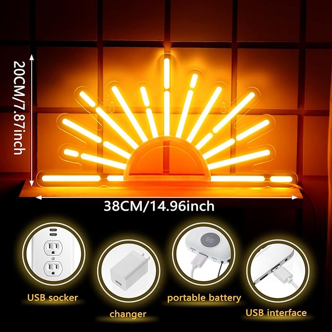 Orange Sunrise Sunset Neon Sign Boho LED Wall Light USB Powered Sun Horizon Decor for Bedroom Living Room