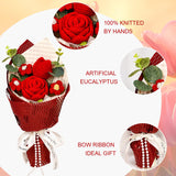 Crochet Flower Bouquet - Crochet Rose Tulip Daisy Knitted Flowers Bouquet For Valentine’S Day, Anniversary, Wedding, Birthday Party, Birthday, Red
