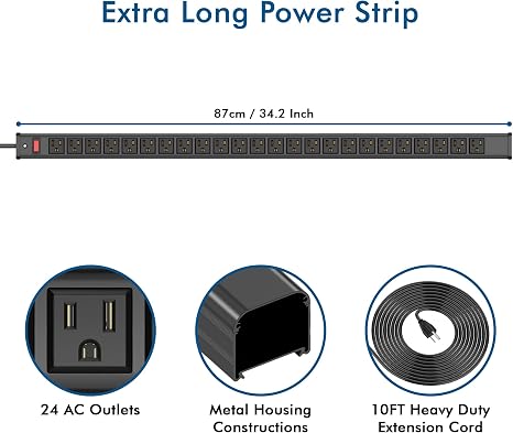 Heavy Duty 24 Outlet Metal Power Strip 10FT Cord 15A 1875W Circuit Breaker