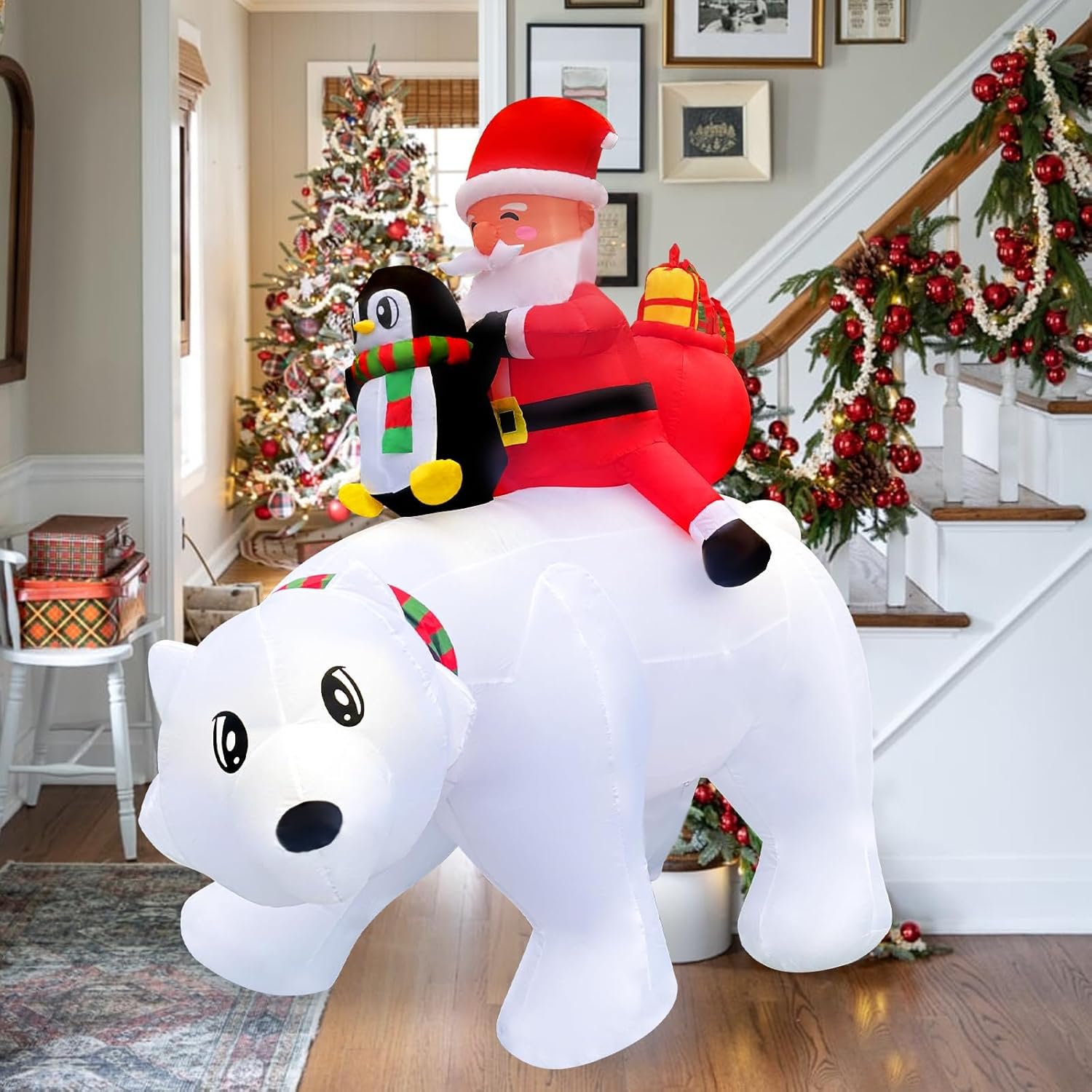6Ft Christmas Inflatable Outdoor Decoration, Blow Up Santa Claus Penguin Riding On Polar Bear With Gift Boxes And Built-