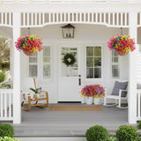 2 Set Artificial Outdoor Flowers With Hanging Basket, 2 Hanging Planters With 24 Pcs Flowers For Spring Summer Front Porch Garden Patio Home Decor (2, Red, Purple, Yellow, Rose Red)