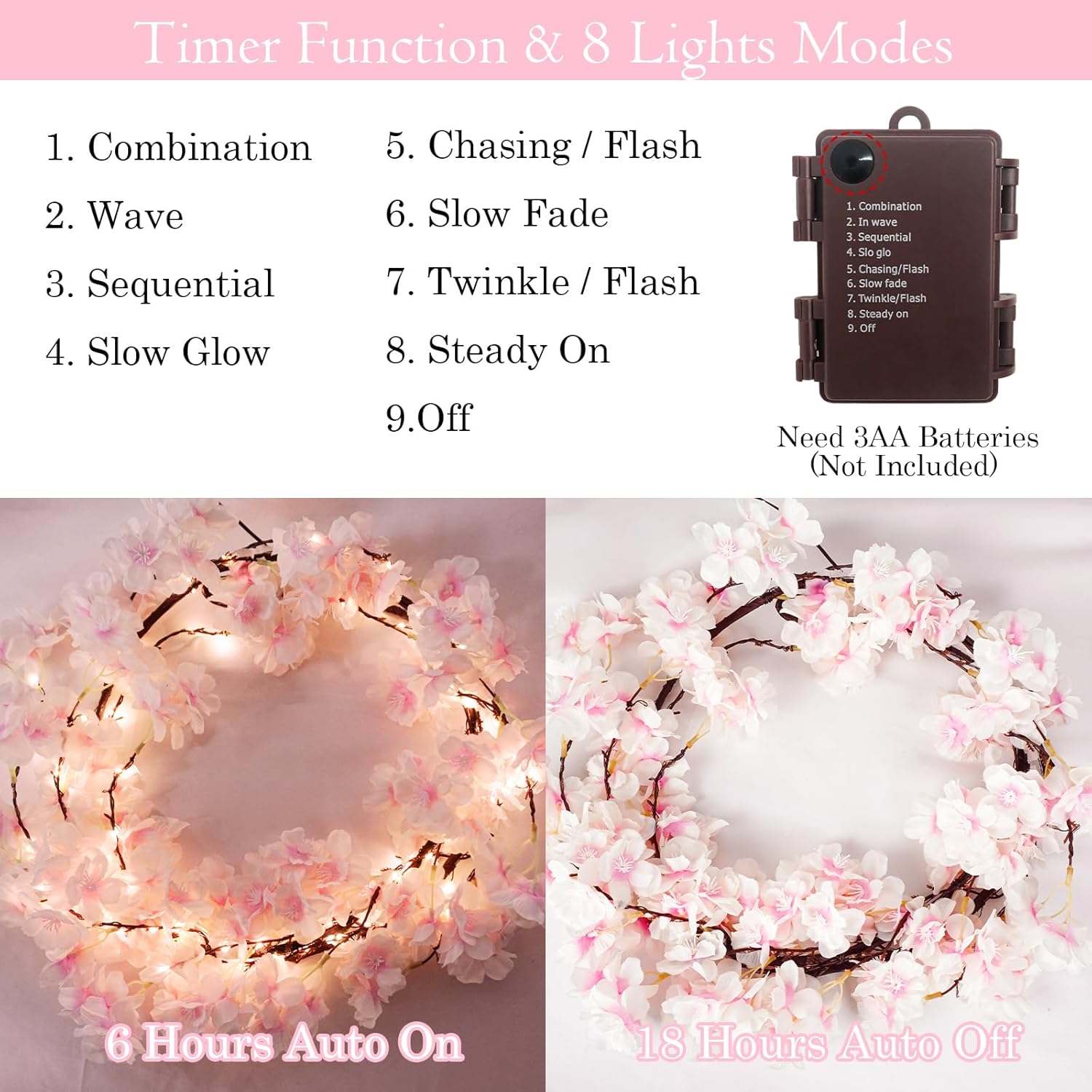 6Ft Lighted Cherry Blossom Garland With 100 Fairy Lights Timer Battery Operated Artificial Cherry Blossom Flower Vines With Lights For Mantle Home Fireplace Wedding Party Office Decor