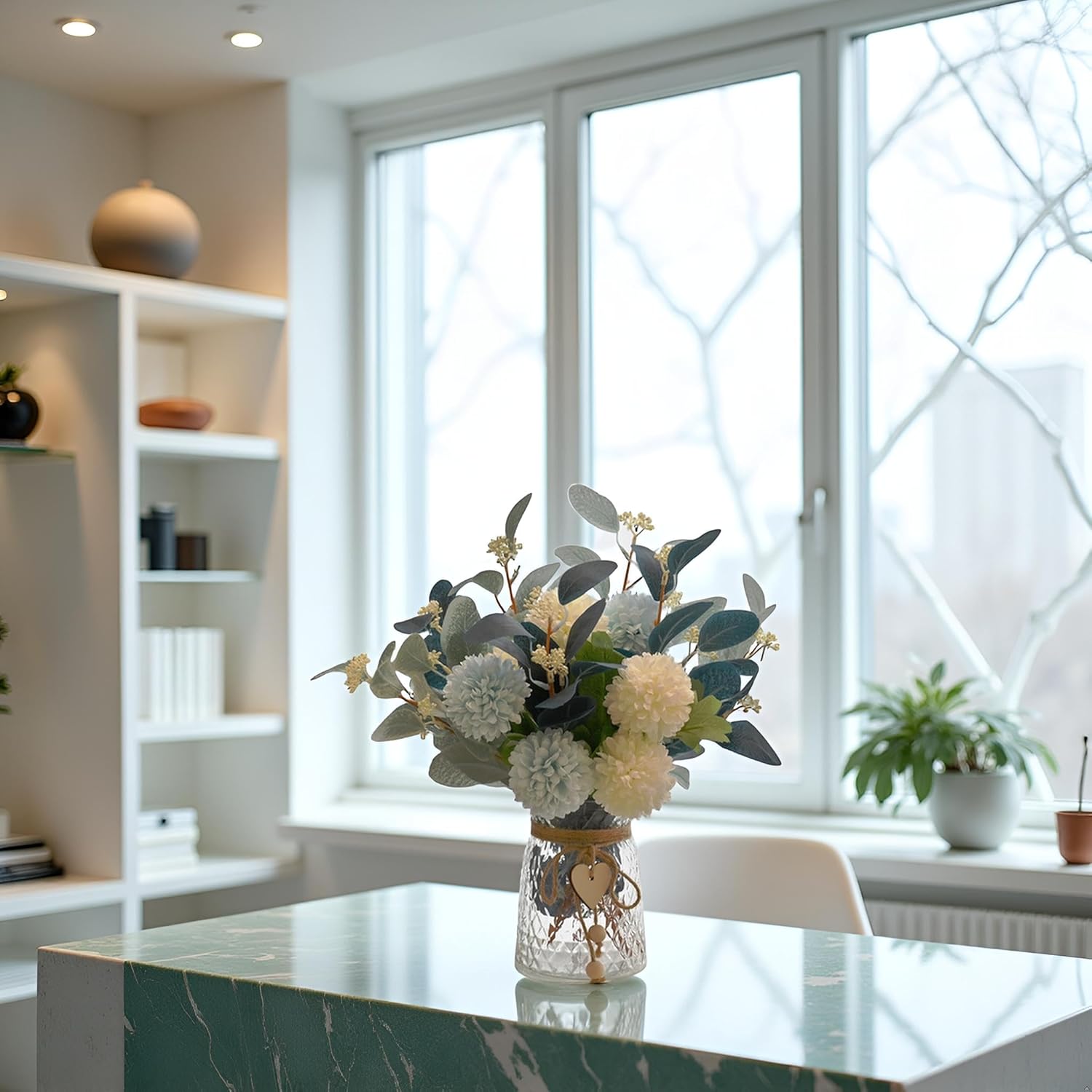 Artificial Flowers With Vase, Faux Flower Arrangement With Eucalyptus Leaves, Silk Hydrangea Table Centerpiece For Home Office Kitchen, Dining Room & Coffee Table Decor