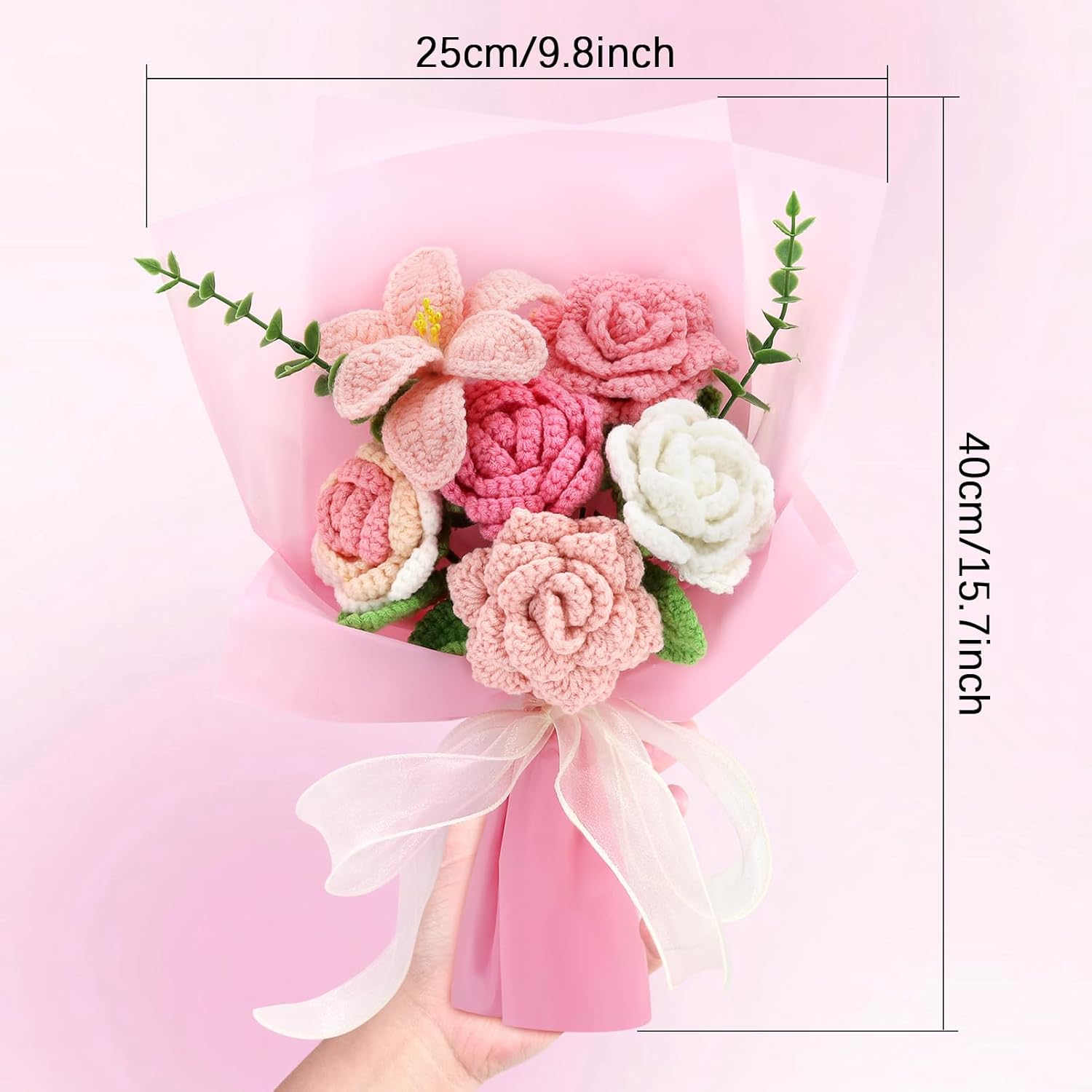 Handmade Crochet Sunflowers Rose Daisy As A Gift For Lover, Family,Friends. Crochet Bouquet, Crocheted Yarn Flowers, Artificial Flower Finished Bouquet (Pink)