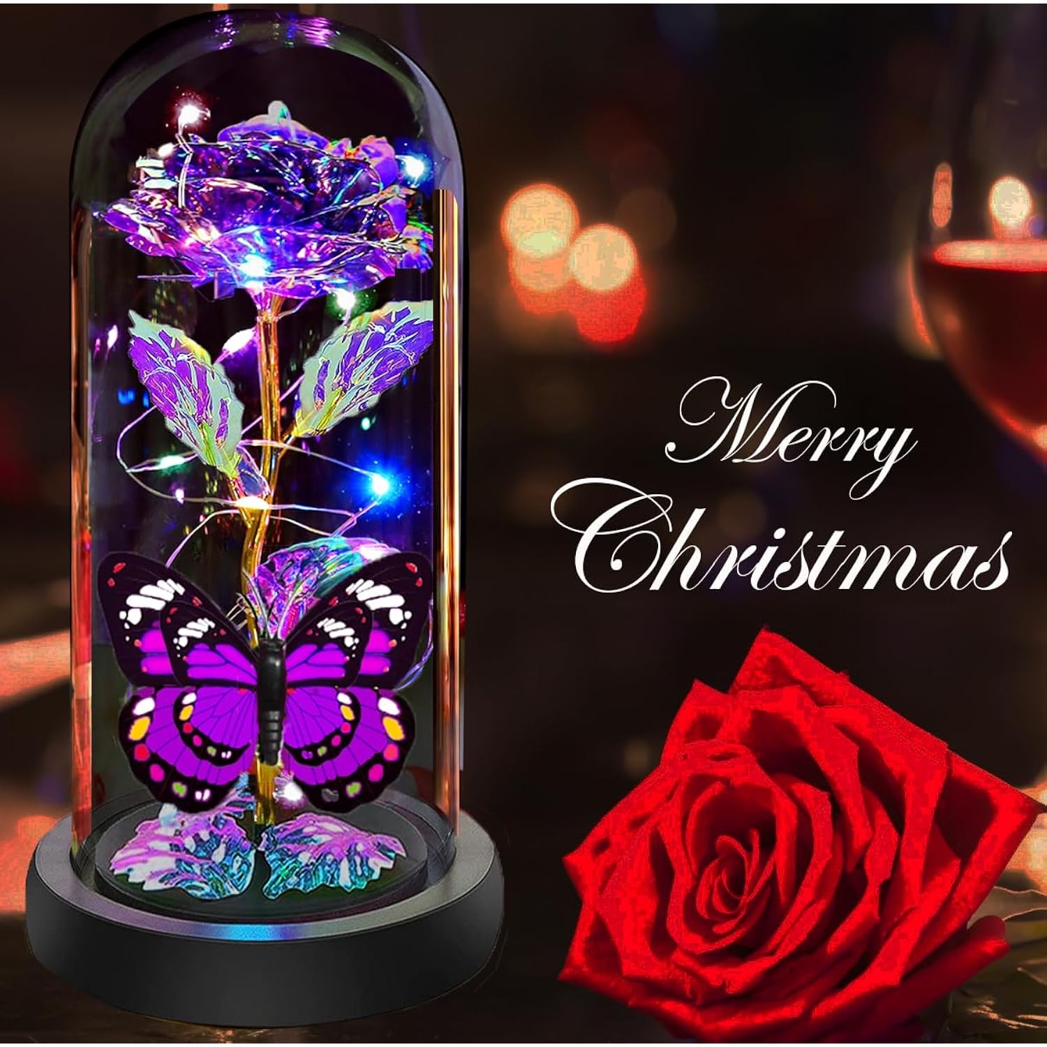 Valentines Rose Glass Flowers Gifts For Her, Galaxy Crystal Light Up Rose In A Glass Dome, Valentines Day Gifts For Wife Mom Girlfriend, Butterfly Birthday Gifts For Women, Purple Presents