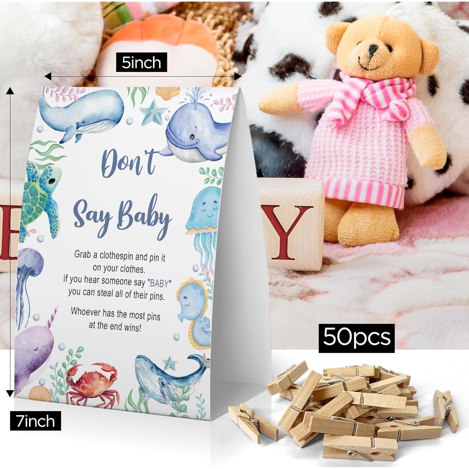 Don'T Say Baby Baby Shower Game, Under The Sea Baby Shower Decoration, Ocean Don'T Say Baby Sign, Fun Baby Shower Games, Clothespins For Baby Shower-Dsba02